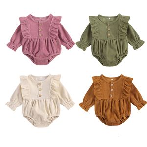 Rompers spädbarn baby flicka corduroy romper född baby flicka solid kausal långärmad jumpsuit med knapp stängning Vårens höstkläder 230606