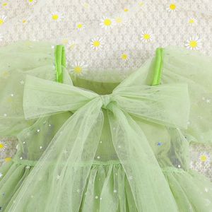 Flickas klänningar sommar söt nät småbarn barn baby flickor kläder grön stor båge paljett prinsessor kjolar för casure wear kostymer