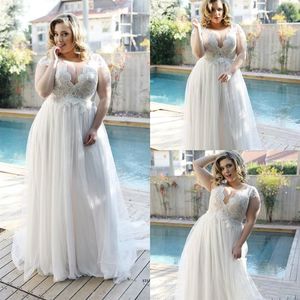 Plus Size Wedding Dresses Cap Sleeve Sheer V Neck Lace Tulle Floor Length 2020 Elegant Design Bridal Gowns Vestido De Noiva241K