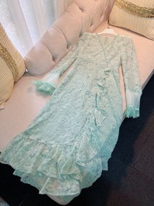 2023 Summer Green Floral Print Beaded Lace Dress Long Sleeve V-Neck Ruffled Midi Casual Dresses C3L041415