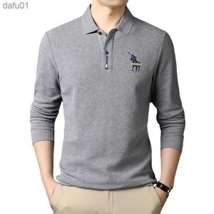 Yeni Erkekler Düz Renk Nakış Kavur Uzun kollu T-Shirt Erkekler Sıradan İş Dış Mekan Polo Gömlek L230520