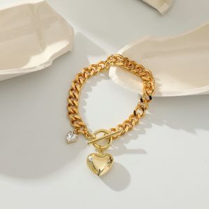 Fashion Cuban Chain Gold Plated Bracelet Heart Zirconia Charm Smooth Women's Geometric Heart Charm Bracelet for Women