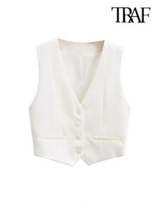 Women's Vests TRAF Women Fashion Front Buttons Cropped Waistcoat Vintage V Neck Sleeveless Female Outerwear Chic Tops 230607