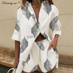 Calças femininas de duas peças conjunto de duas peças com estampa de folha de verão feminina elegante casual lapela camisa de peito único calças soltas conjunto de shorts J230607