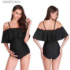 Maternity Swimwears Maternity Swimwear Summer Solid Flounce Bikinis Off Shoulder One Piece Halter Large Size Swimsuit Pregnant Beachwear Woman Bodys T230607