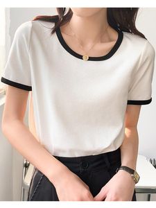 T-Shirts frauen T Shirt 2022 Sommer Neue Mode Koreanische O Neck Lose Kurze Dünne Tops Weibliche Solide Patchwork Grundlegende t-shirts T Shirt Femme