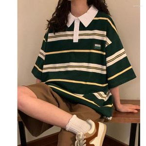 Kvinnors T-skjortor randiga överdimensionerade t-shirt sommar vintage tees kvinna avviker krage toppar polo skjorta koreansk preppy stil tshirt kawaii