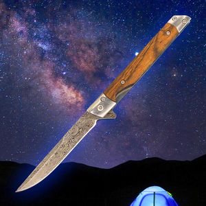 New Arrival A2367 Flipper Folding Knife 3Cr13Mov Laser Pattern Drop Point Blade Wood/Steel Sheet Handle Ball Bearing Fast Open EDC Pocket Knives with Leather Sheath