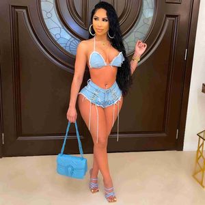 Women's Two Piece Pants CM.YAYA Beach Sexy Jeans Women Two 2 Piece Set Outfits Sweatsuit 2022 Summer Bra and Lace Up Shorts Suit Denim Set Tracksuit J230607