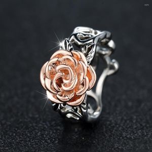 Wedding Rings Delicate Rose Flower For Women Antique Silver Color Hollow Bicolor Bands Engagement Valentine Day Birthday Jewelry