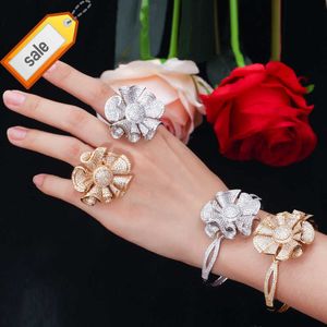 European American hot selling real gold plated full zircon flower ring and bangle set
