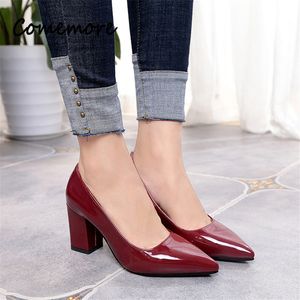 Comemore Women Red Pumps Black 7.5cm High Heels Lady Patent Leather Shallow Thick Heel Autumn Pointed Shoes Slip-On Female Shoes