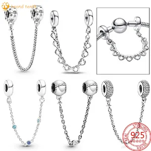 925 Sterling Silver för Pandora Charms Autentiska pärlpärlor Färgglada Zircon Triple Blue Stone Safety Chain Family Heart