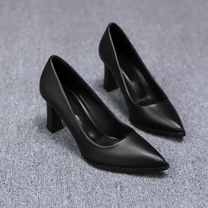 Pofulove High Heels Women Shoes Black Leather Work Shoes Ladies Office Mid-heel Formal Professional Pumps Fashion 6cm 8cm