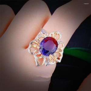 Cluster Rings Fashion Luxury Two-Color Hollow Stroke Amethyst Flower Color Treasure Opening Ring Female All-Match Party Jewelry