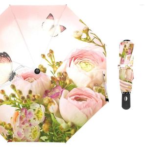 Umbrellas Beautiful Pink Roses And Butterfly Umbrella Rain Women Gift Three Folding Windproof Automatic Portable Travel