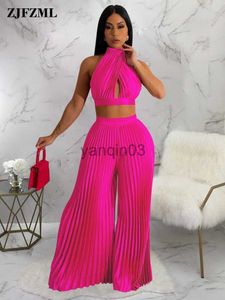 Women's Two Piece Pants 2023 Spring Summer Two Piece Pant Suits Sexy Off The Shoulder Backless Crop Top and High Waist Pleated Wide Leg Long Trouser New J230607