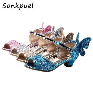 Sandaler Princess Girls Sandaler Kid Farterfly Diamond High Heel Children Glitter Latin Dance Sequins Shoes Summer Girl Party Crystal Shoe 230606