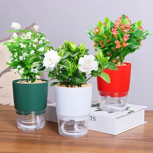 Planters Pot Self Watering Transparent Double Layer Plastic Flowerpot Cotton Rope Watering Small Plant Pot With Injection Port