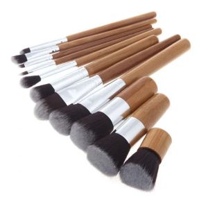 11st Bamboo Handle Brush Set Burlap Canvas Bag Beauty Tool Multifunktionell bärbar syntetisk sminkborst