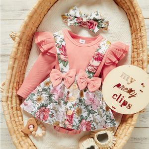Clothing Sets 3pcs Winter born Baby Girls Clothes Set Long Sleeves Romper Bodysuit Top Skirt 3 6 9 12 16 18 24 Months Headband Outfits 230606