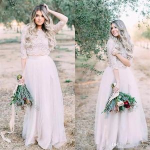 2021 Summer Beach Wedding Dresses White Two Pieces Lace Top Bohemian Bridal Gowns Jewel Neck Half Long Sleeves Tulle Skirt Outdoor2949