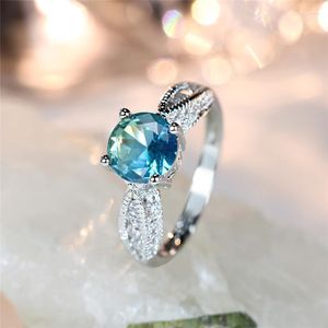 Anéis de casamento bonito feminino azul verde zircão anel de noivado luxo cristal redondo pedra delicada cor prata nupcial para mulheres