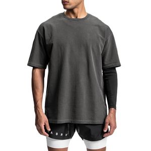 LUメンズスポーツ半袖Tシャツは肩を落としたゆるいヒップホップフィットネスTシャツ夏のジムボディービルトップスティーの特大フィット
