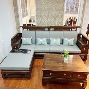 Nuova combinazione di divani Uginwood in legno massello in stile cinese di mobili per divani in pelle Zen Ebony moderni e semplici