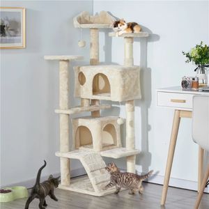 Cat Furniture Scratchers SMILE MART 545" Double Condo Tree with Scratching Post Tower 230606