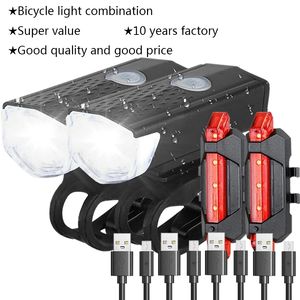 Luzes de bicicleta MTB Conjunto de luzes dianteiras traseiras da bicicleta Mountain Bike Night Cycling Farol USB LED Luz traseira de segurança Acessórios de bicicleta 230606
