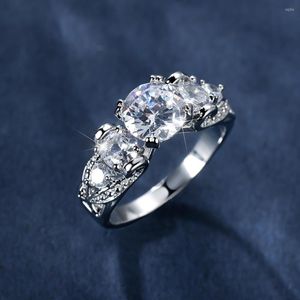 Hochzeit Ringe Klassische Runde Zirkon Stein Für Frauen Silber Farbe Weiß CZ Bands Versprechen Verlobung Ring Geburtstag Party Schmuck