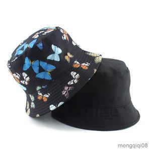 Szerokie brzegowe czapki nowe modne kobiety Butterfly Drukuj Fisherman Hat Reversible Bucket Hip Hop Fishing Cap R230607