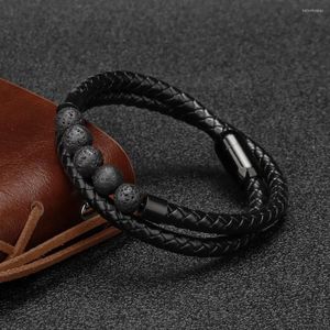 Pulseira masculina de couro com contas de lava preta multicamadas trançadas em aço inoxidável com fecho de ímã Pulsera Hombre