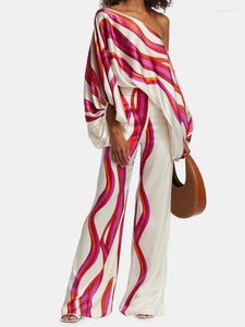 Women's Sleepwear Women Satin Print Pajamas Suit Fashion Hollow Off Shoulder Tops With Long Pants 2 Piece Sets 2023 Homewear Commuting