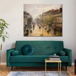 Boulevard Montmartre Bahar Yağmur El Boyalı Camille Pissarro Canvas Sanat İzlenimci Peyzaj Modern Ev Dekor