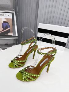 Verão Aquazzus Uso diário Tequila Couro Sandálias Sapatos Para Mulheres Strappy Design Enfeites de Cristal Salto Alto Sexy Festa Casamento salto alto com caixa