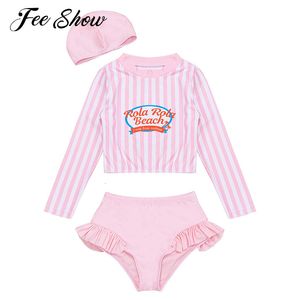 Two-Pieces 3Pcs Kids Girls Fashion Swimsuit Rashguard Swimwear Long Sleeve Letters Print Swimming TopBriefsSwim Hat Set Bathing Beachwear 230606