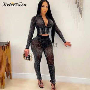 Conjunto de calças femininas de duas peças Kricesseen Sexy Black Diamond Cristal Feminino manga longa com zíper e calças transparentes terno festa clube conjunto combinando J230607