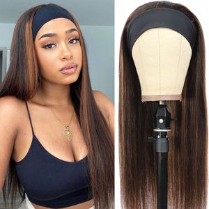 26 Inches Ombre Honey Blonde Highlight Straight Headband Wig Human Hair Wigs for Black Women Glueless Scarf Wig Remy Hair Brown