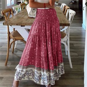 Skirts Boho Casual Print Maxi Skirt Women Summer Fashion Sexy High Waist Womens Pink Beach Floral Aline Long Femme 230607