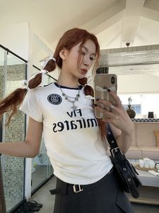 Damen T-Shirt HOUZHOU Kpop Y2K Weißes T-Shirt Crop Tops Hippie Harajuku Vintage Streetwear Brief Kordelzug Kurzarm T-Shirt weiblich 230607