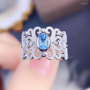 Cluster-Ringe, natürlicher echter blauer Topas-Ring, 925er Sterlingsilber, 4,6 mm, 0,6 ct Edelstein für Männer oder Frauen, feiner Schmuck J224152