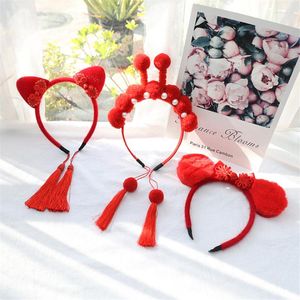 Accessori per capelli 8 pz/lotto 2023 stile cinese nappa rosso festivo fasce per capelli principessa regalo di compleanno copricapo bambini carino orecchie cerchi