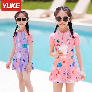 Two-Pieces YUKE Retro Swimsuit Girls Front Zipper Print Swimwear For Kids Baby Princess Skirt Children Swimming Bathing Suit 230606