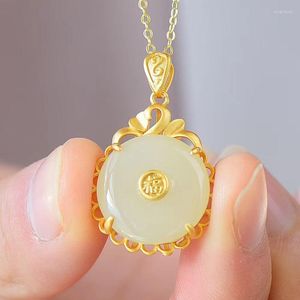 Pendant Necklaces Inheriting The Retro Gold Color Blessing Word Synthesis Hetian Jade Ping'an Buckle Female Sent To Mother