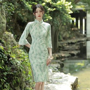 Ethnic Clothing Elegant Beaded Mandarin Collar Chiffon Cheongsam Lace Trim Trumpet Sleeves Qipao Chinese Women Dress