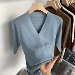 القمصان النسائية t-shirt thirt النساء ألوان صلبة خمر الأكمام قصيرة الأكمام المتماسكة pullover الكورية الأزياء v-neck سترة الصيف أعلى s-2xl