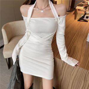 Casual Dresses Sexy Halter Black White Mini Dress Chic Long Sleeve Cold Shoulder Strapless Cross Bag Hip Short Pencil Bottoming