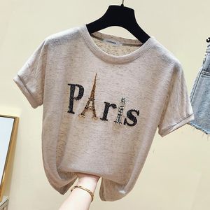 Camiseta chique paris torre eiffel frisada camiseta superior verão novas mulheres camiseta elegante o pescoço manga curta solta casual meninas diamantes t